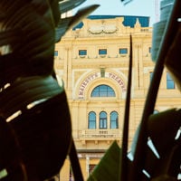 Two green plant leaves frame the facade of Her Majesty's Theatre 