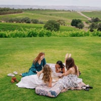 Four people sit on a picnic rug out the front of Dandelion Wines in McLaren Vale 