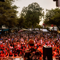 Image of the back of a musician on stage looking out to a sea of people at Norwood Food & Wine Festival 
